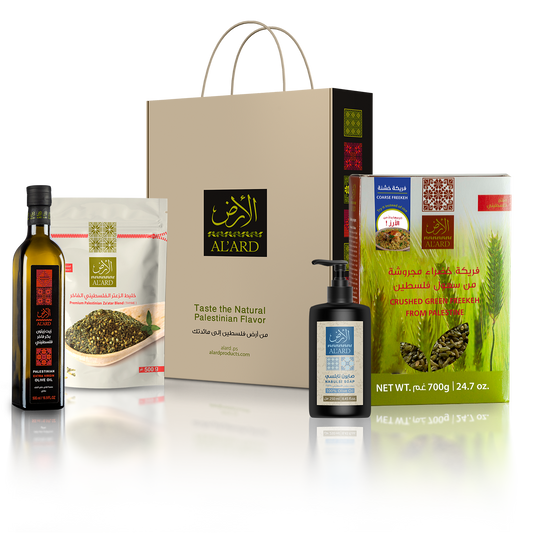 Extra virgin olive oil 500ml, 500g Za'atar thyme, 250ml liquid soap, freekeh 700g