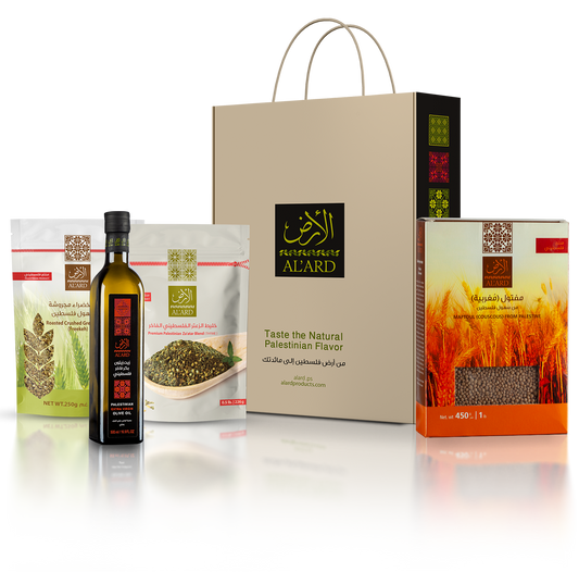 Al'ard Gift Box (Extra Virgin Olive Oil 500ml + Maftoul (Couscous) 450g + Crushed Green Freekeh - 250g/8.81 OZ + Premium Za'atar Blend 100g))