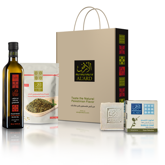 Al'ard Gift Box (Extra Virgin Olive Oil 500ml + Premium Nabulsi Soap 150g + Premium Za'atar Blend 0.5lb))