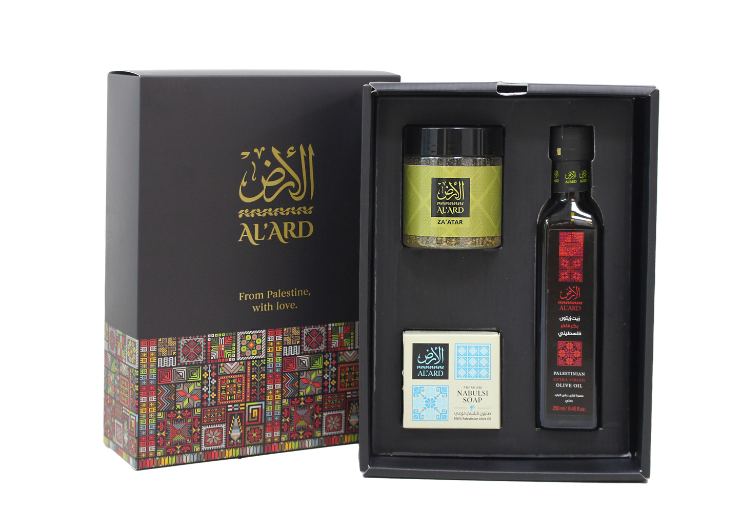 Al'Ard Gift - Extra Virgin Olive Oil - 250ml + Premium Za'atar 120g + Nabulsi Soap 150g