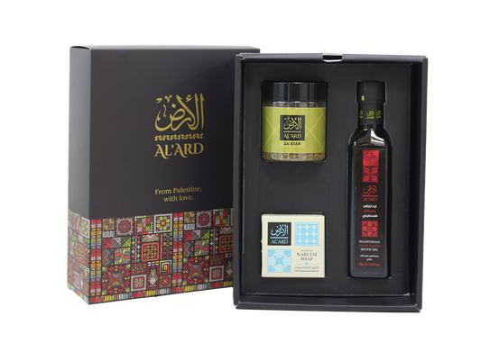 Al'Ard Gift - Extra Virgin Olive Oil - 250ml + Premium Za'atar 120g + Nabulsi Soap 150g