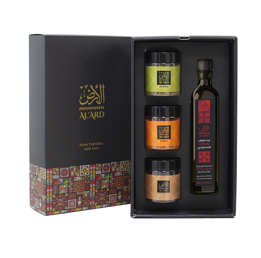 Al'Ard Gift - Extra Virgin Olive Oil - 500ml + Premium Za'atar 120g + Dukkah Blend 120g + Maqlobah Spices mix 120g