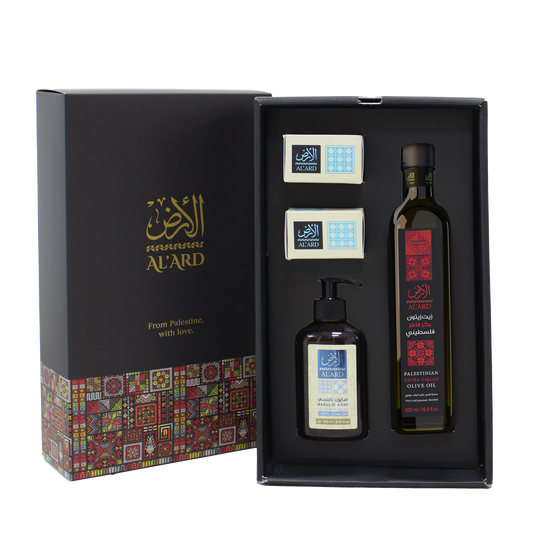 Al'Ard Gift - Extra Virgin Olive Oil - 500ml + Nabulsi Olive Oil Soap bar 150g + Nabulsi Olive Oil Liquid Soap 250ml