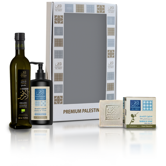 Gift Set ( 500ml Organic extra virgin olive oil , 250ml liquid Nabulsi soap, 125g Nabulsi soap bar)