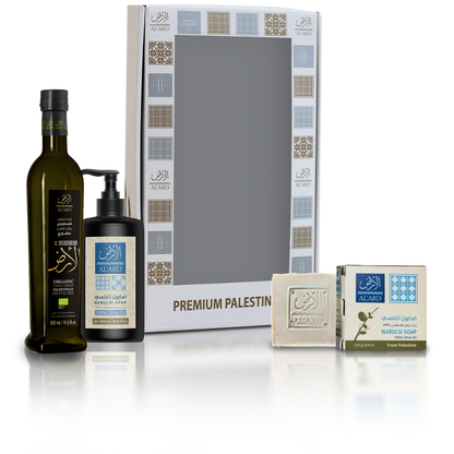 Gift Set ( 500ml Organic extra virgin olive oil , 250ml liquid Nabulsi soap, 125g Nabulsi soap bar)