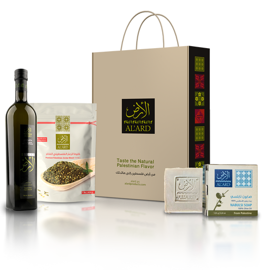Al'ard Gift Box (Organic Extra Virgin Olive Oil 750ml + Premium Nabulsi Soap 150g + Premium Za'atar Blend 1lb)